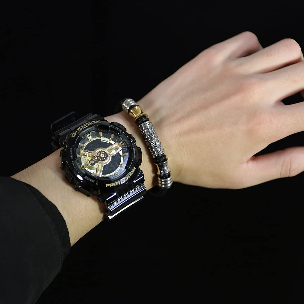 Rockyu ブレスレット メンズ 本革レザー×ステンレス コンビ バングル風デザイン