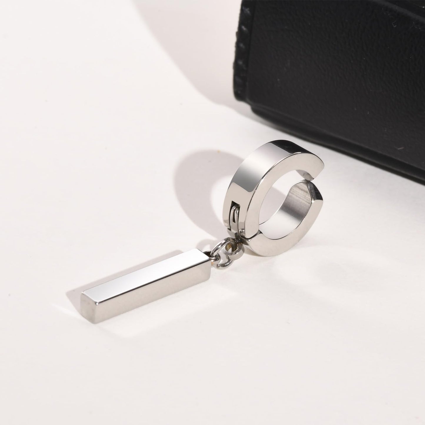 Rockyu メンズ ピアス スティックペンダント リングピアス バーイヤーカフ ブラック＆シルバー ステンレス製