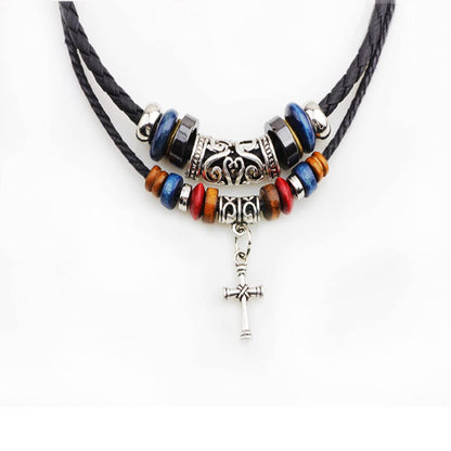 Rockyu ネックレス メンズ 十字架ペンダント レザー紐 民族風 編み込み 二連デザイン