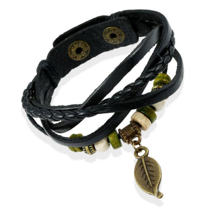 【リーフの風が吹く】カラフル牛革ブレスレット｜調整可能・レディース＆メンズ兼用