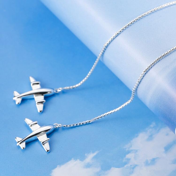 Rockyu ピアス レディース シルバー925 飛行機モチーフ ロングチェーン 両耳用 個性派 シンプル 旅行 ギフト