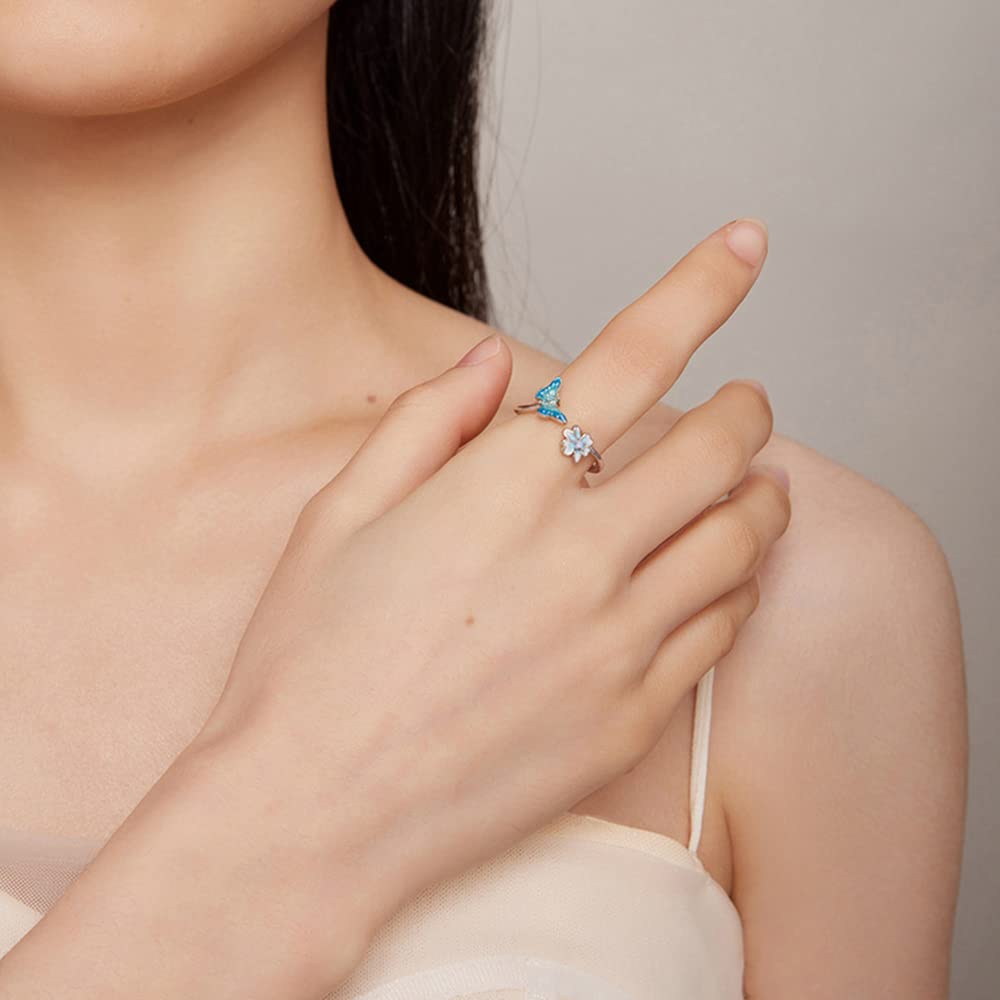 Rockyu レディース バタフライリング シルバー925 蝶モチーフ ジルコニア 花デザイン フリーサイズ 金属アレルギー対応