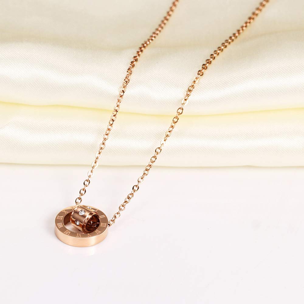 Rockyu ネックレス レディース シンプル ピンクゴールド ジルコニア ローマ数字ネックレス ローマ字刻印 リングペンダント ステンレス あずきチェーン