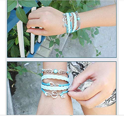 翼＆音符チャーム付き ターコイズ編みレザーブレスレット【多層スタイル】