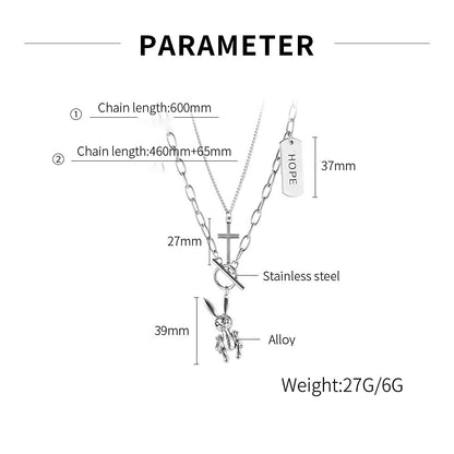 Rockyu レディースネックレス うさぎとくまの二連ロングチェーンペンダント