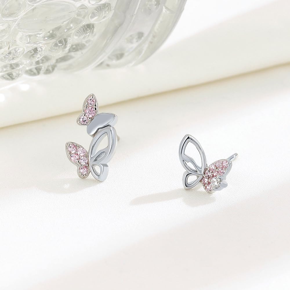 Rockyu レディース ピンク蝶々ピアス 非対称デザイン シルバー925 ジルコニア 小ぶり 透かし彫り