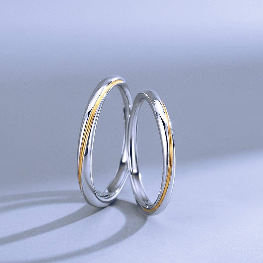 Rockyu ペアリング 2個セット S925 純銀製 指輪｜フリーサイズ 調整可能 ゴールド×シルバー