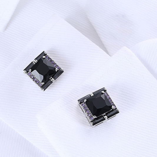 Rockyu メンズカフス ブラックオニキス風ストーンと紫ジルコニアの正方形カフリンクス