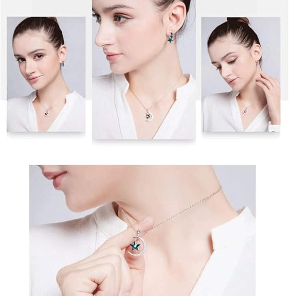 Rockyu 月と星ネックレス レディース シルバー925 アクアマリン風 スター＆ムーンペンダント