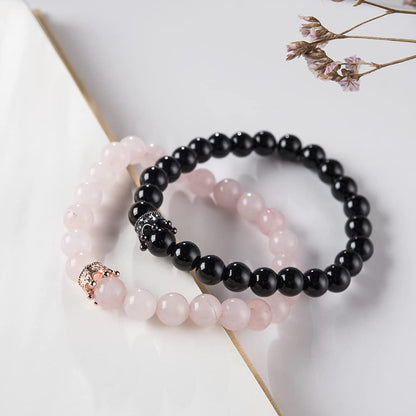 Rockyu ブレスレット メンズ レディース 2連 数珠 ビーズ 天然石 瑪瑙 クリスタル クラウン 開運 厄除けアクセサリー