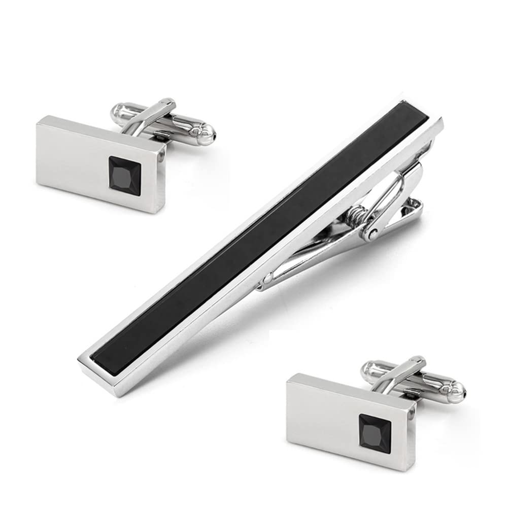 Rockyu ネクタイピン カフスセット メンズ 黒ジルコニア 長方形 ステンレス