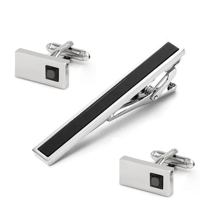 Rockyu ネクタイピン カフスセット メンズ 黒ジルコニア 長方形 ステンレス