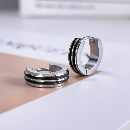 Rockyu リングピアス メンズ レディース フープピアス 小さめ ステンレス製 金属アレルギー対応 ブラックライン シルバー