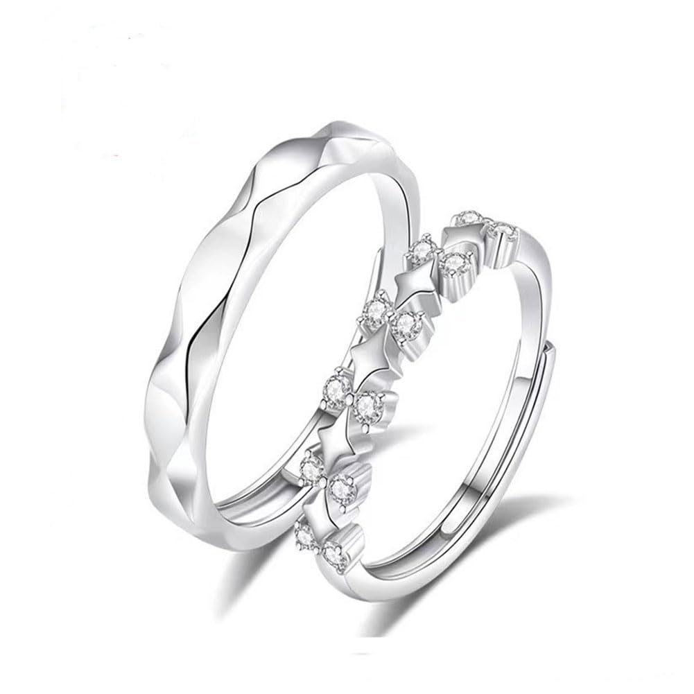 Rockyu ペアリング 2個セット シルバー925 王冠デザイン＆ウェーブデザイン フリーサイズ 調整可能