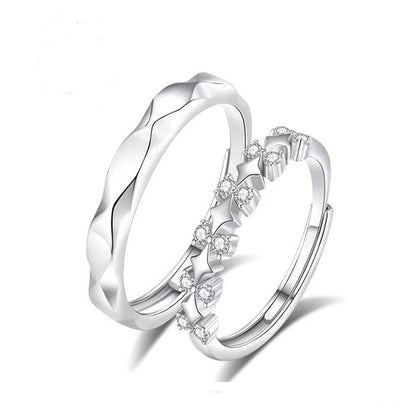 Rockyu ペアリング 2個セット シルバー925 王冠デザイン＆ウェーブデザイン フリーサイズ 調整可能