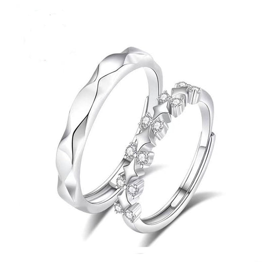 Rockyu ペアリング 2個セット シルバー925 王冠デザイン＆ウェーブデザイン フリーサイズ 調整可能