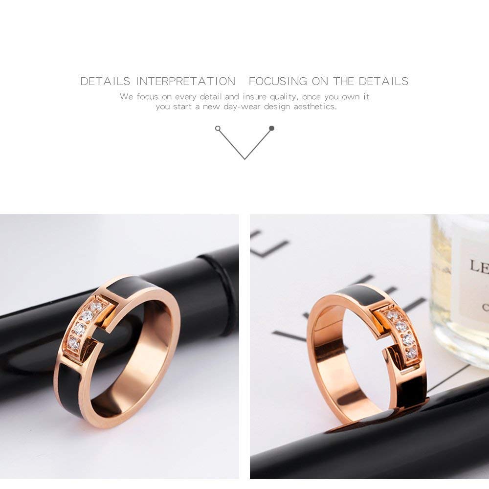 Rockyu ステンレスリング レディース ピンクゴールド ジルコニア×ブラック 5mm幅 指輪