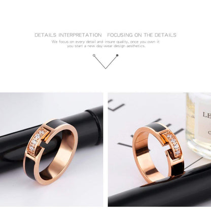 Rockyu ステンレスリング レディース ピンクゴールド ジルコニア×ブラック 5mm幅 指輪