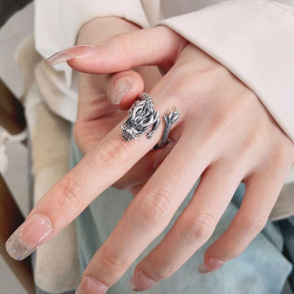 Rockyu シルバー925 龍頭リング フリーサイズ メンズ レディース 赤ジルコニア