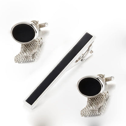 Rockyu ネクタイピン カフスセット メンズ 黒 楕円 ステンレス ビジネス
