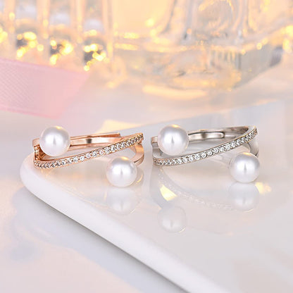 Rockyu シルバーリング 2粒パール＆ジルコニア レディース フリーサイズ指輪