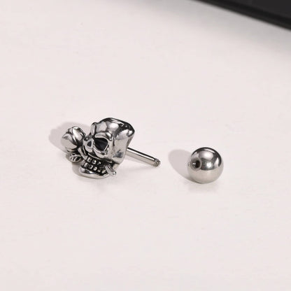 Rockyu スカルピアス メンズ 髑髏×薔薇モチーフ チタン製 金属アレルギー対応 シルバーアクセサリー