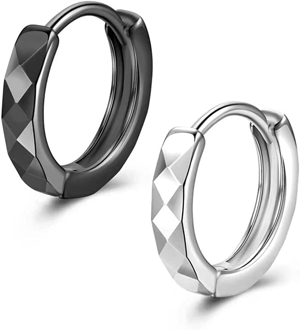 Rockyu 菱形リングピアス メンズ｜ブラック＆シルバー フープピアス 金属アレルギー対応