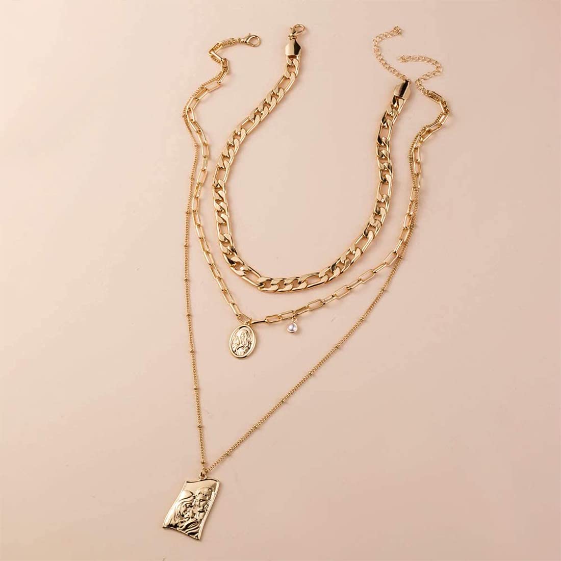 Rockyu ネックレス レディース ゴールド 3連チェーン ステンレス コインペンダント おしゃれ