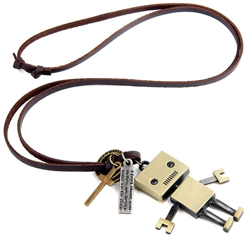 Rockyu レトロロボ ネックレス｜革紐＆ブリキ合金のユニセックスデザイン