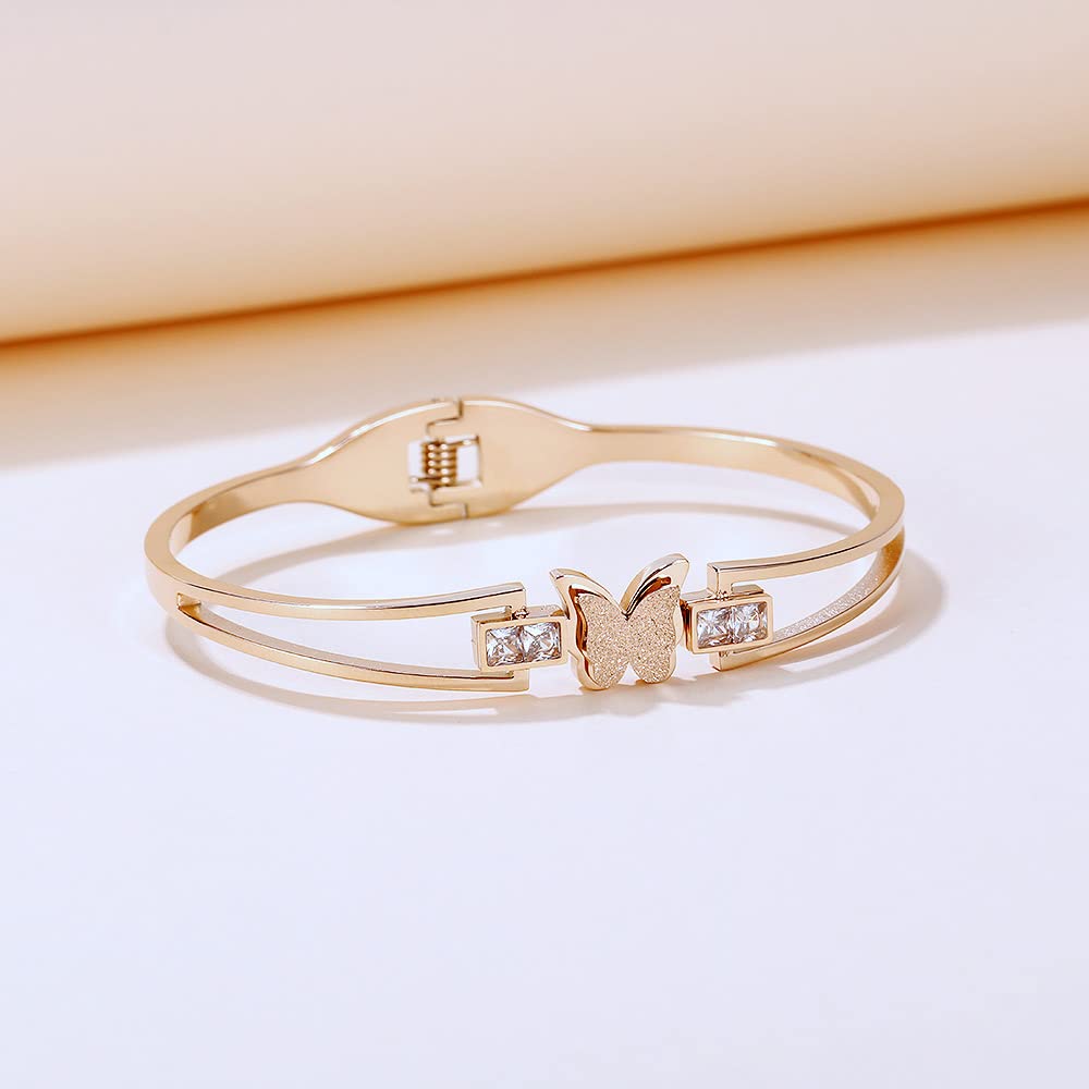 Rockyu レディース ブレスレット バタフライ バングル ピンクゴールド ジルコニア 金属アレルギー対応