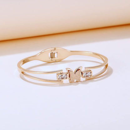 Rockyu レディース ブレスレット バタフライ バングル ピンクゴールド ジルコニア 金属アレルギー対応