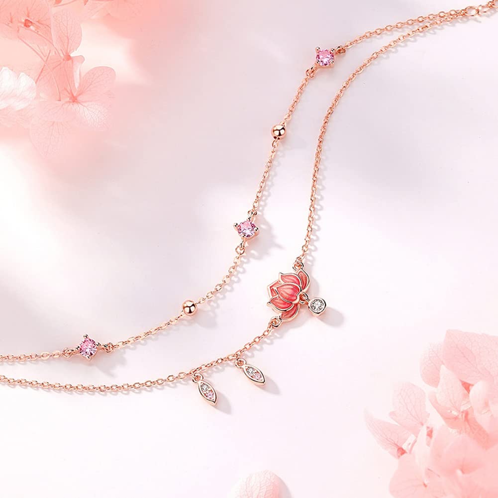 Rockyu アンクレット レディース ピンクゴールド 蓮華チャーム 二連チェーン 紫ジルコニア ステンレス 金属アレルギー対応