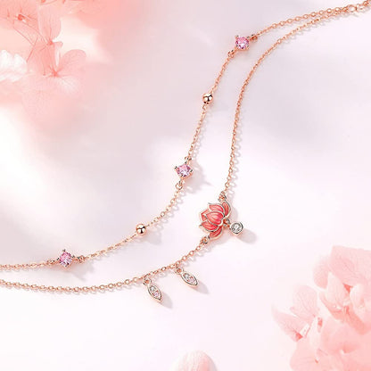 Rockyu アンクレット レディース ピンクゴールド 蓮華チャーム 二連チェーン 紫ジルコニア ステンレス 金属アレルギー対応