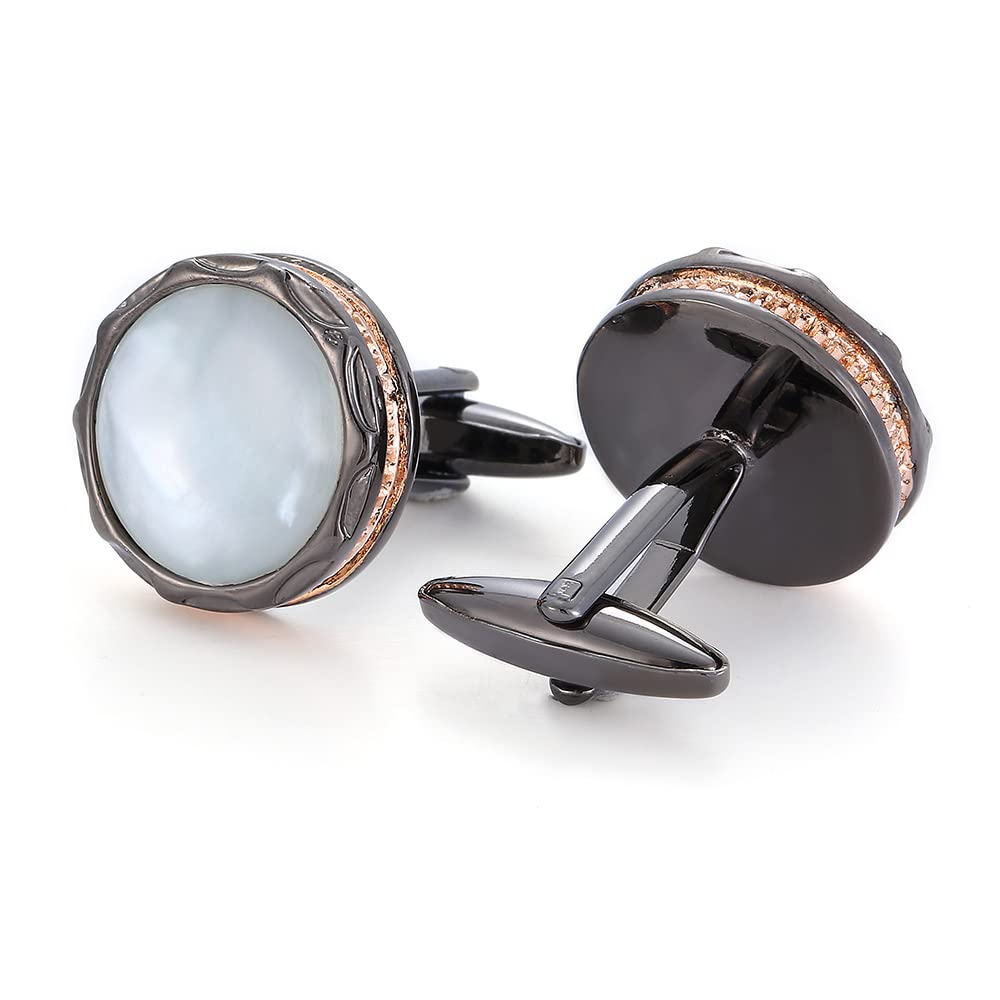 Rockyu カフスボタン メンズ ブラック×白蝶貝 円型 鏡面仕上げ ビジネス 通勤 就職祝い 父の日 プレゼント