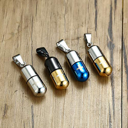 Rockyu カプセル型ネックレス 十字架刻印 ステンレス製 男女兼用 チタンカラーアクセサリー