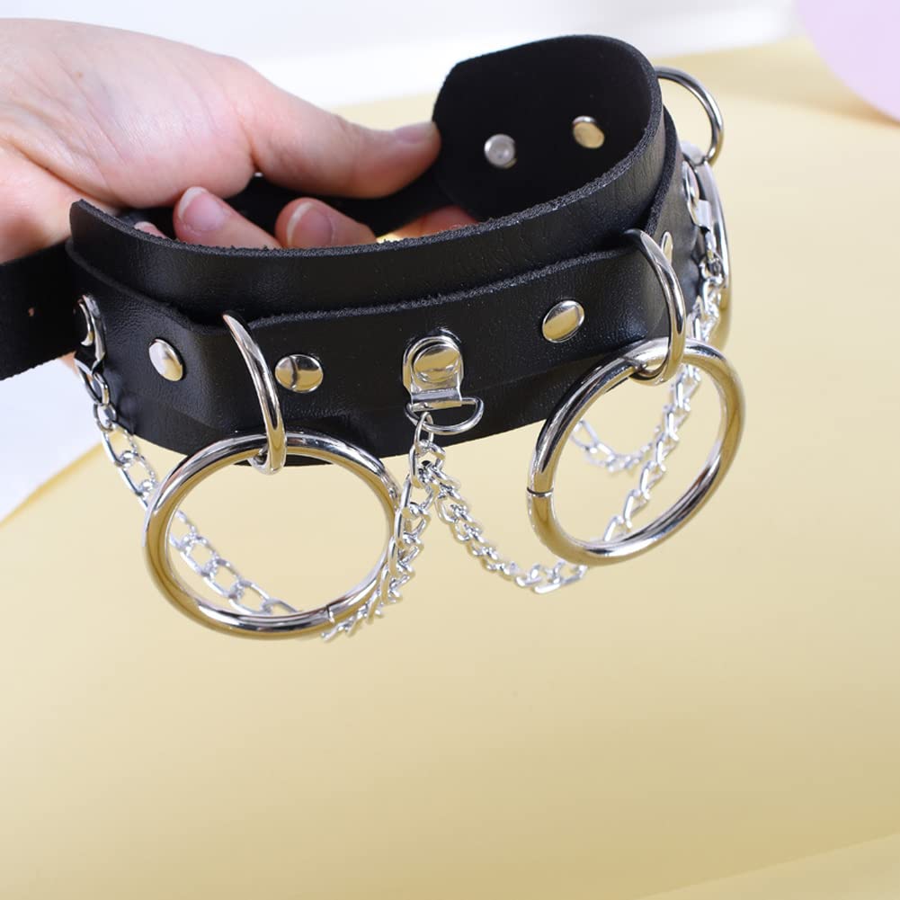 Rockyu チョーカー レディース レザー 首輪 リング チェーン ステンレス 本革 ネックレス