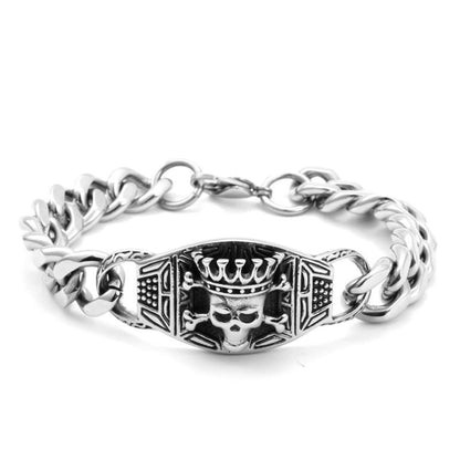 Rockyu ブレスレット メンズ チタン シルバー ブラック 王冠ドクロ 喜平チェーン プレート 重厚デザイン アクセサリー