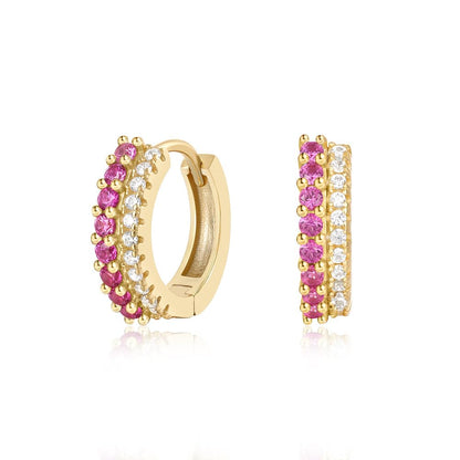 Rockyu レディース フープピアス シルバー925 ジルコニア 二連 ゴールドカラー レッド／ブルー／ターコイズ