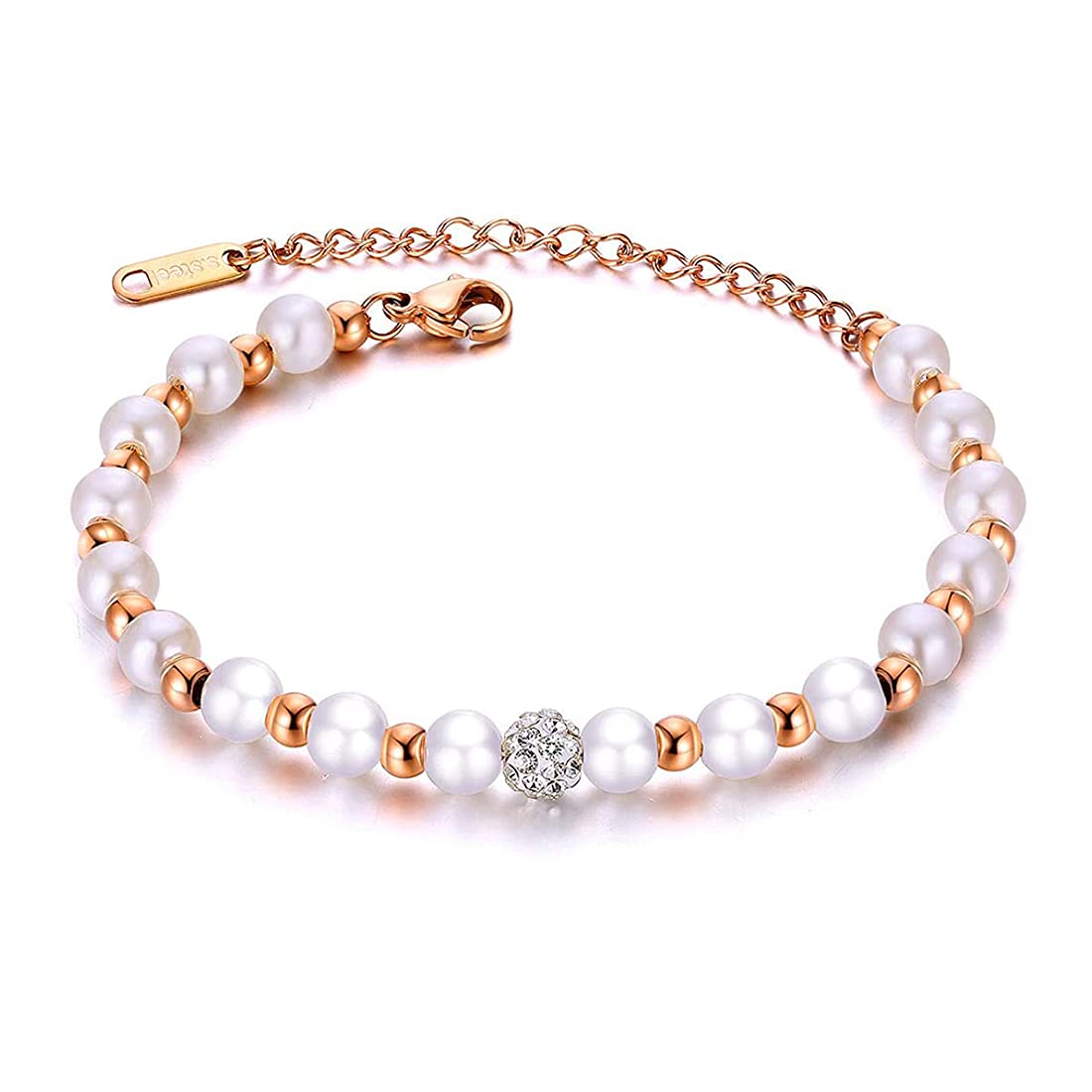 Rockyu ブレスレット レディース パール×ラインストーン 上品エレガント 2連風デザイン