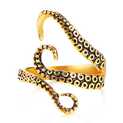 Rockyu タコ・蛇モチーフ ステンレスリング メンズ フリーサイズ ゴールド＆シルバー