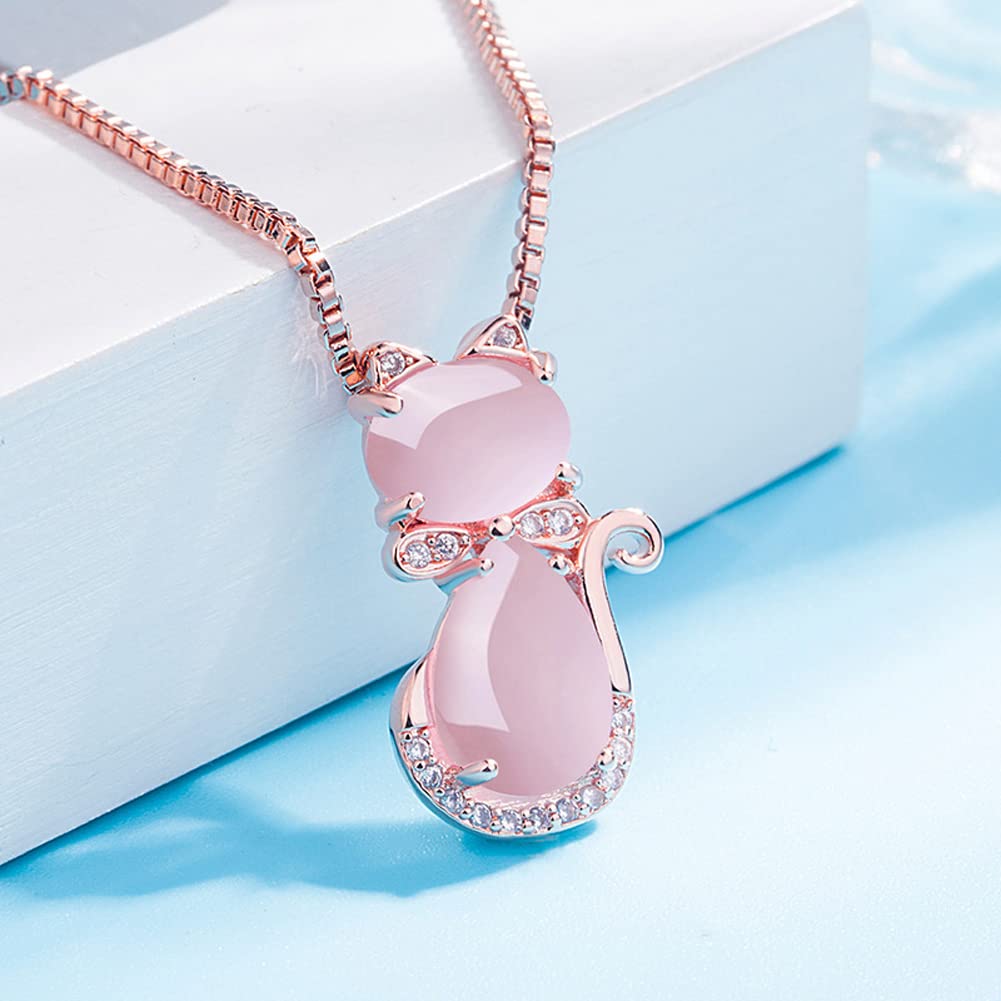 Rockyu ネックレス レディース ピンクゴールド 猫モチーフ 天然石 ジルコニア