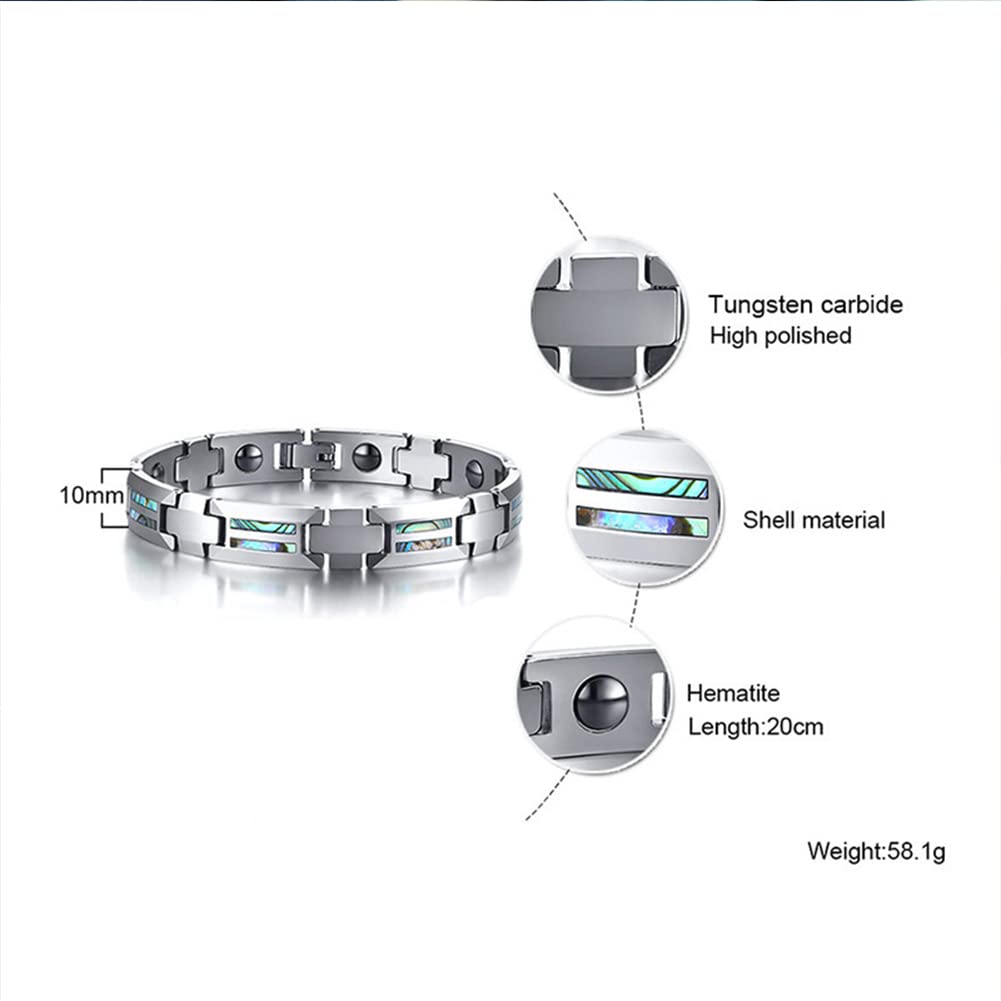 Rockyu タングステン磁気ブレスレット メンズ シルバー・ブルー シェルインレイ 静電気対策 4種天然エレメント搭載