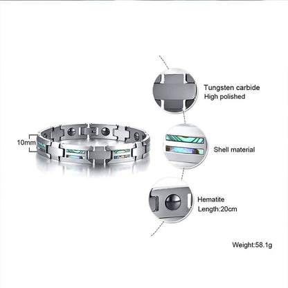 Rockyu タングステン磁気ブレスレット メンズ シルバー・ブルー シェルインレイ 静電気対策 4種天然エレメント搭載