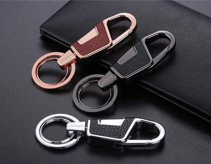 Rockyu キーホルダー メンズ レディース 車用キーリング レザー調 亜鉛合金製 ダブルリング シルバー ブラック ゴールド