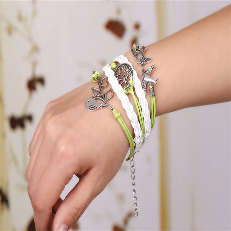 【平和の象徴ブレス】鳥＆生命の木モチーフ 編み込みブレスレット｜グリーン×ホワイト 男女兼用