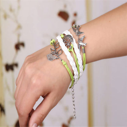 【平和の象徴ブレス】鳥＆生命の木モチーフ 編み込みブレスレット｜グリーン×ホワイト 男女兼用