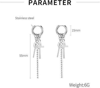 Rockyu メンズピアスセット 十字架 スター スパイク付きチェーンフープピアス