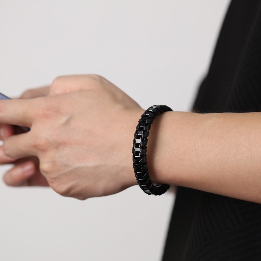 Rockyu メンズ 編み込みレザーブレスレット ステンレス留め具 金属アレルギー対応