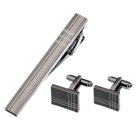 Rockyu ネクタイピン＆カフスセット｜ステンレス製 スタイリッシュラインデザイン