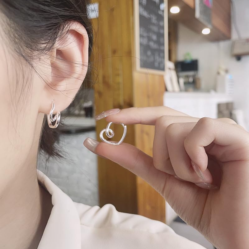 Rockyu S925シルバー＆ゴールド 不規則ツイストハート フープピアス レディース